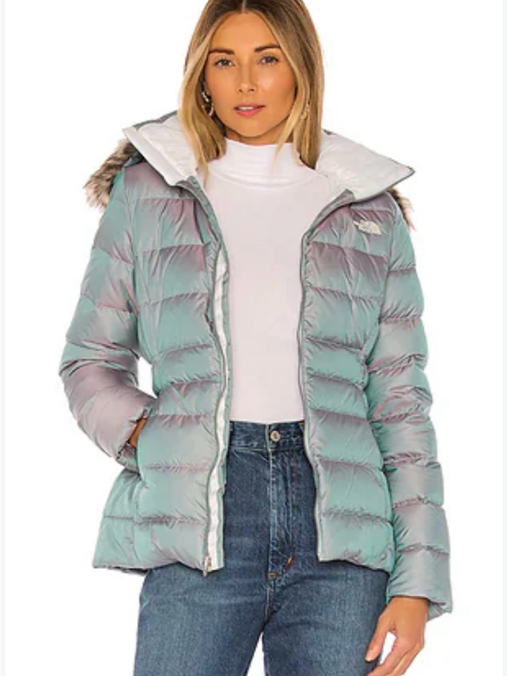 THE NORTHFACE Gotham Jacket IIl with  Faux Fur Trim in Blue Frost Iridescent